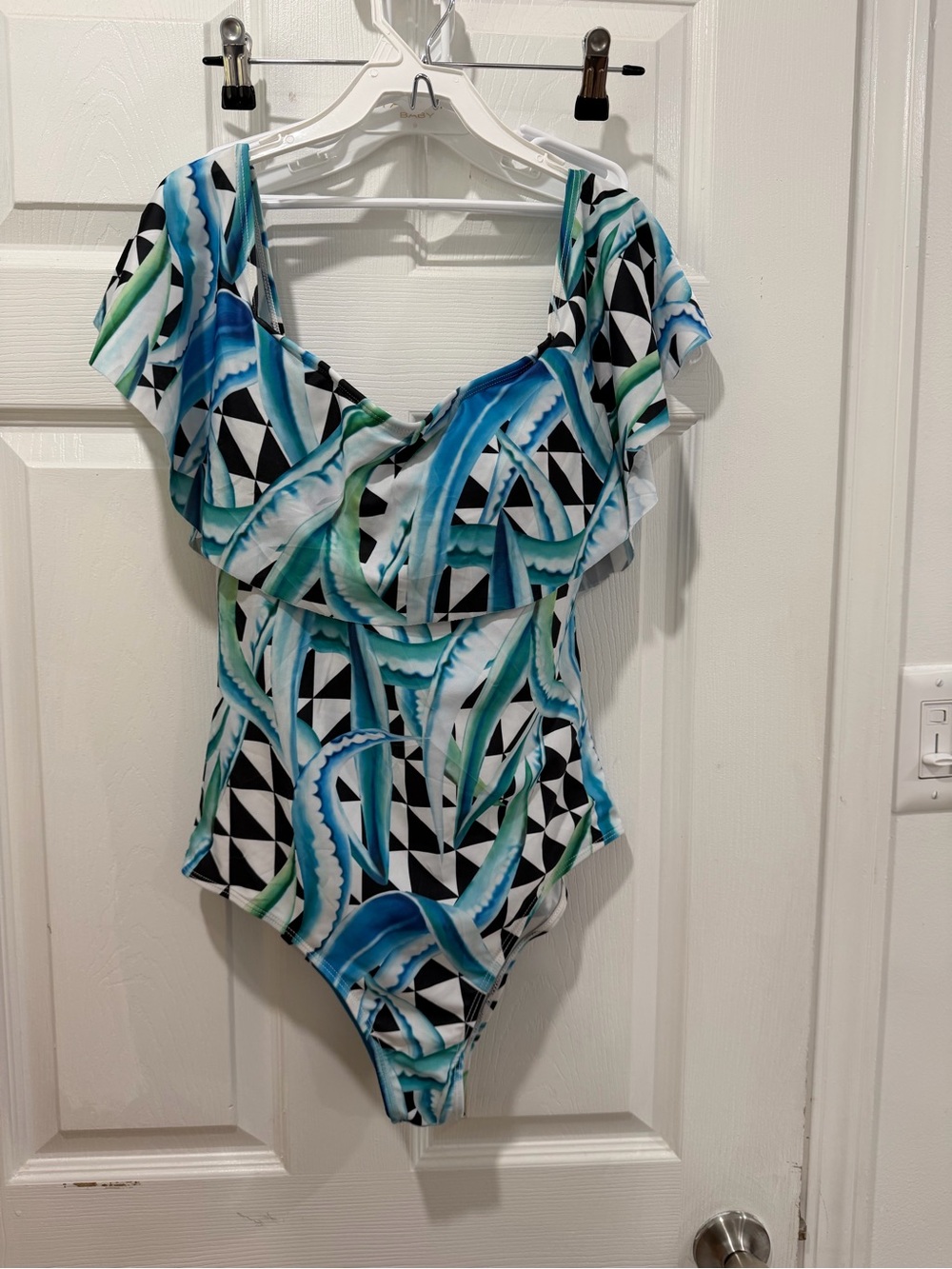 Blue & Green Geometric Ruffle One-Piece Swimsuit